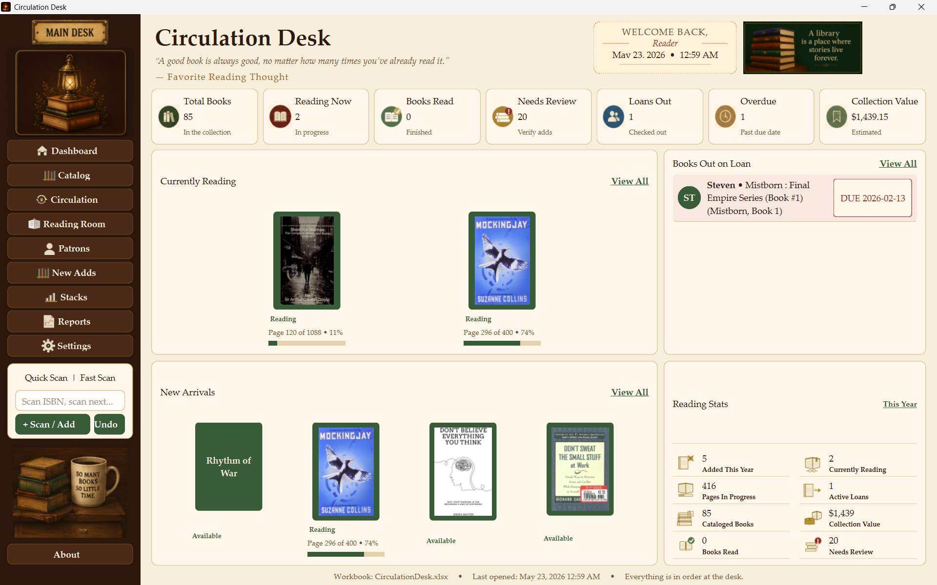 Circulation Desk personal library app dashboard displaying total book count, currently reading list, active loans, new arrivals, collection value, and yearly reading progress stats